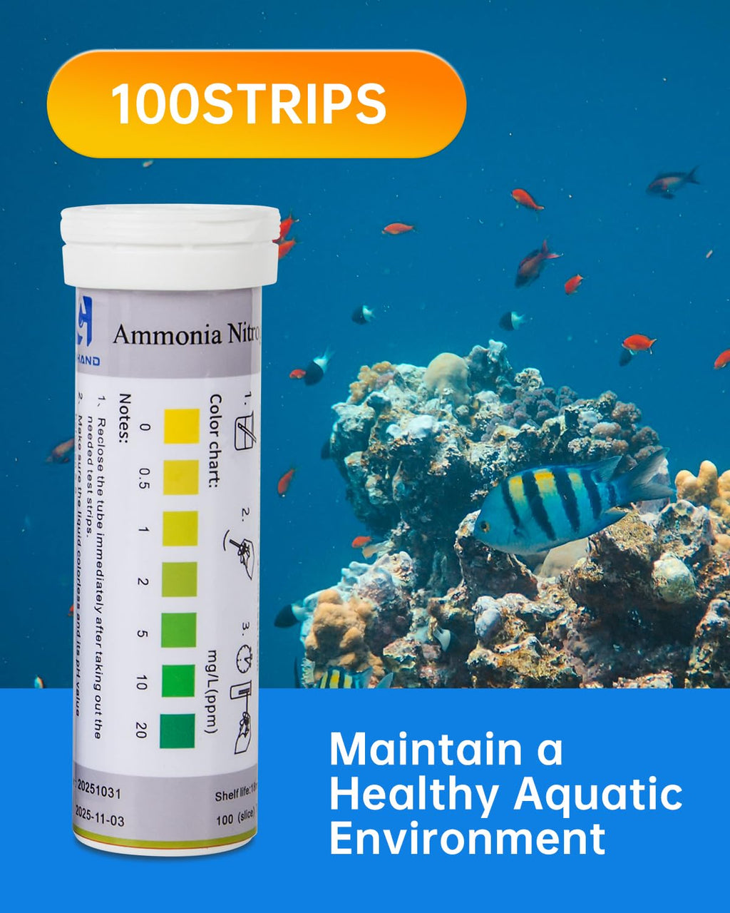 Aquarium Ammonia Nitrogen Test Strips, 100 Strips, 0-20 ppm Range | Accurate Readings, Professional Aquarium Test