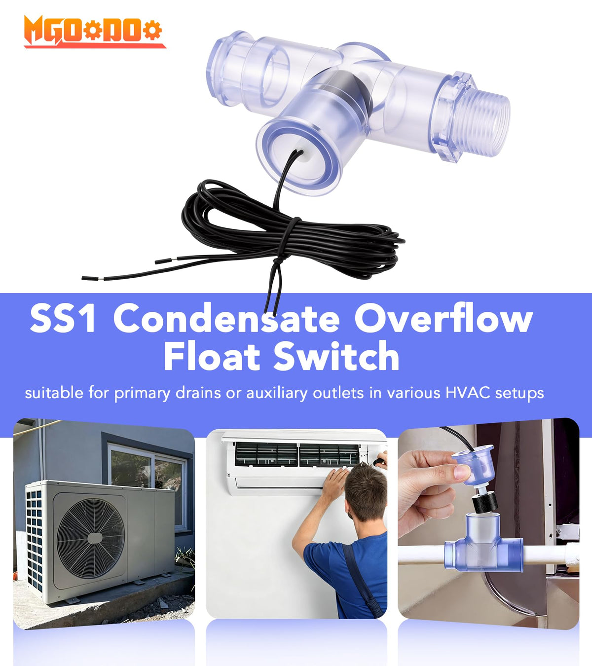 2 Pcs Blue SS1 Float Switch with 3/4" Adapter for HVAC Condensate Overflow
