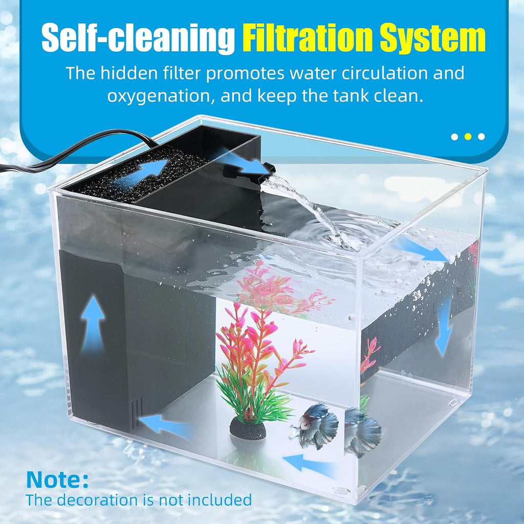 Fish Tank, 1 Gallon Betta Fish Tank, Small Aquarium Kit with LED Light and Water Filter Pump