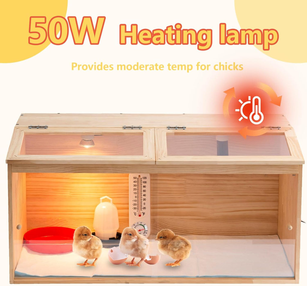 Large Wooden Chicken Brooder Box with Bulb Set and Thermometer - Brooder Box for Chicks Indoor Accommodates Up to 12