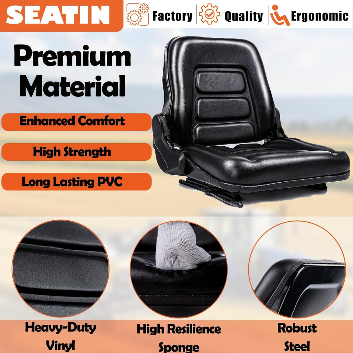 Universal Forklift seat, Tractor Seat with 160° Adjustable Backrest & Slides& Micro Switch, High-Density Foam