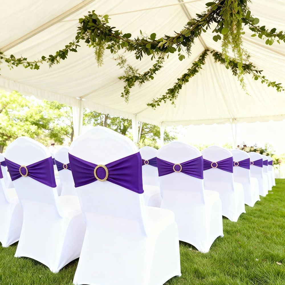 Purple Chair Sashes 50 Pack with Gold Buckle Slider, Spandex Chair Bows Bands for Folding Chairs Wedding Party