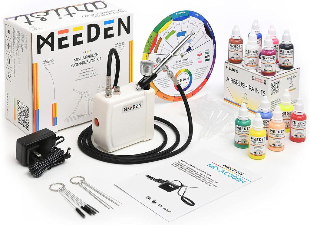 Airbrush Kit with Air Compressor: 12 Colors Acrylic Paint, White | Dual-action airbrush with 0.5mm nozzle and