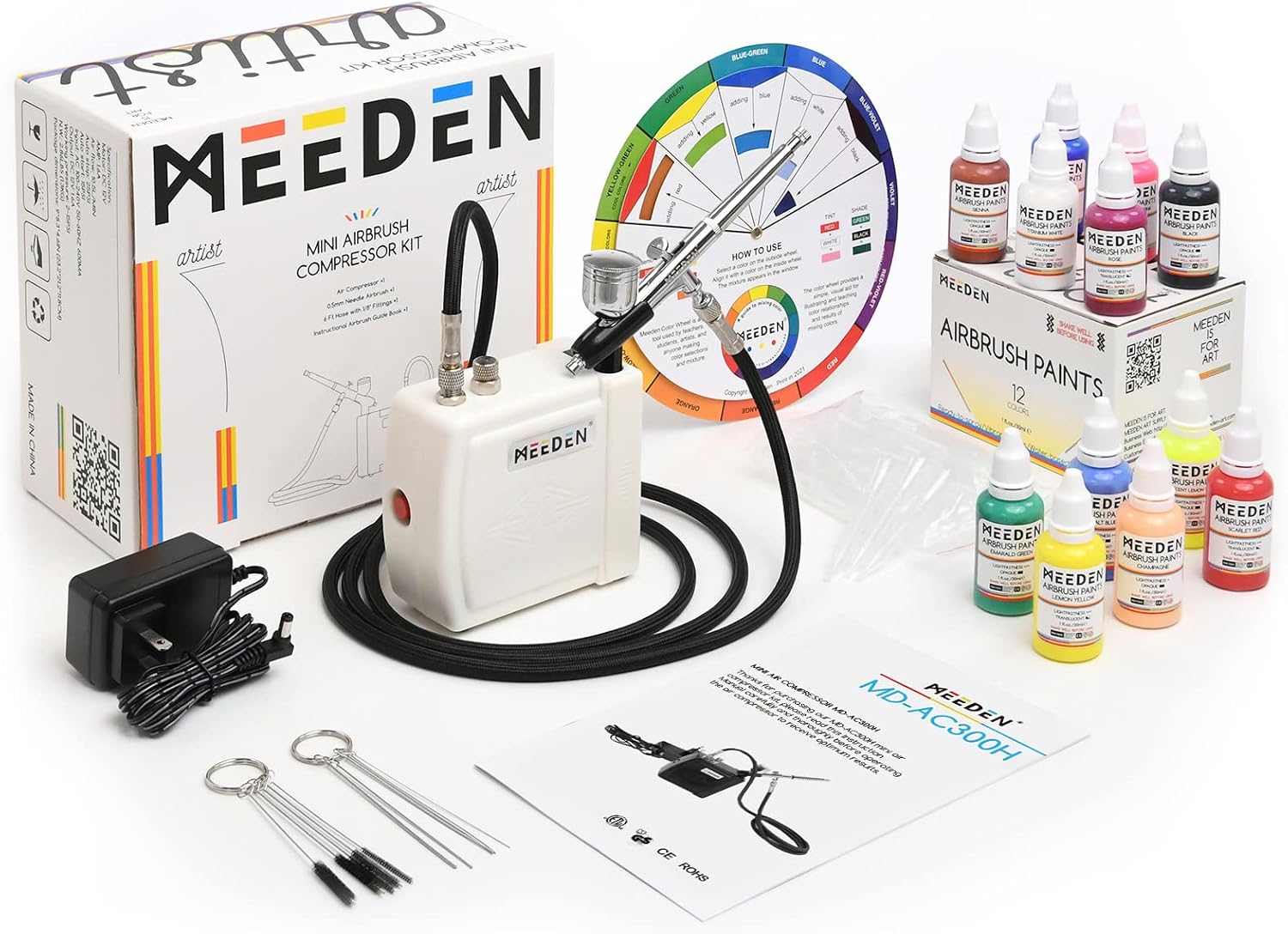 Airbrush Kit with Air Compressor: 12 Colors Acrylic Paint, White | Dual-action airbrush with 0.5mm nozzle and