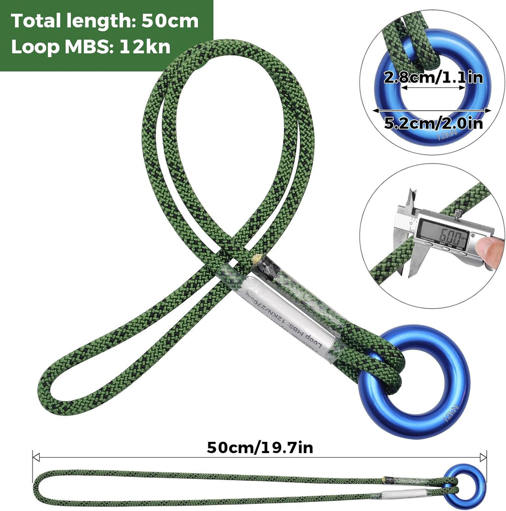 1/4" Pre-Sewn Prusik Loop Cord with Metal Rings for Tree Climbing | 12kN Zero-Slip Friction Hitch Rope, 19in Aramid