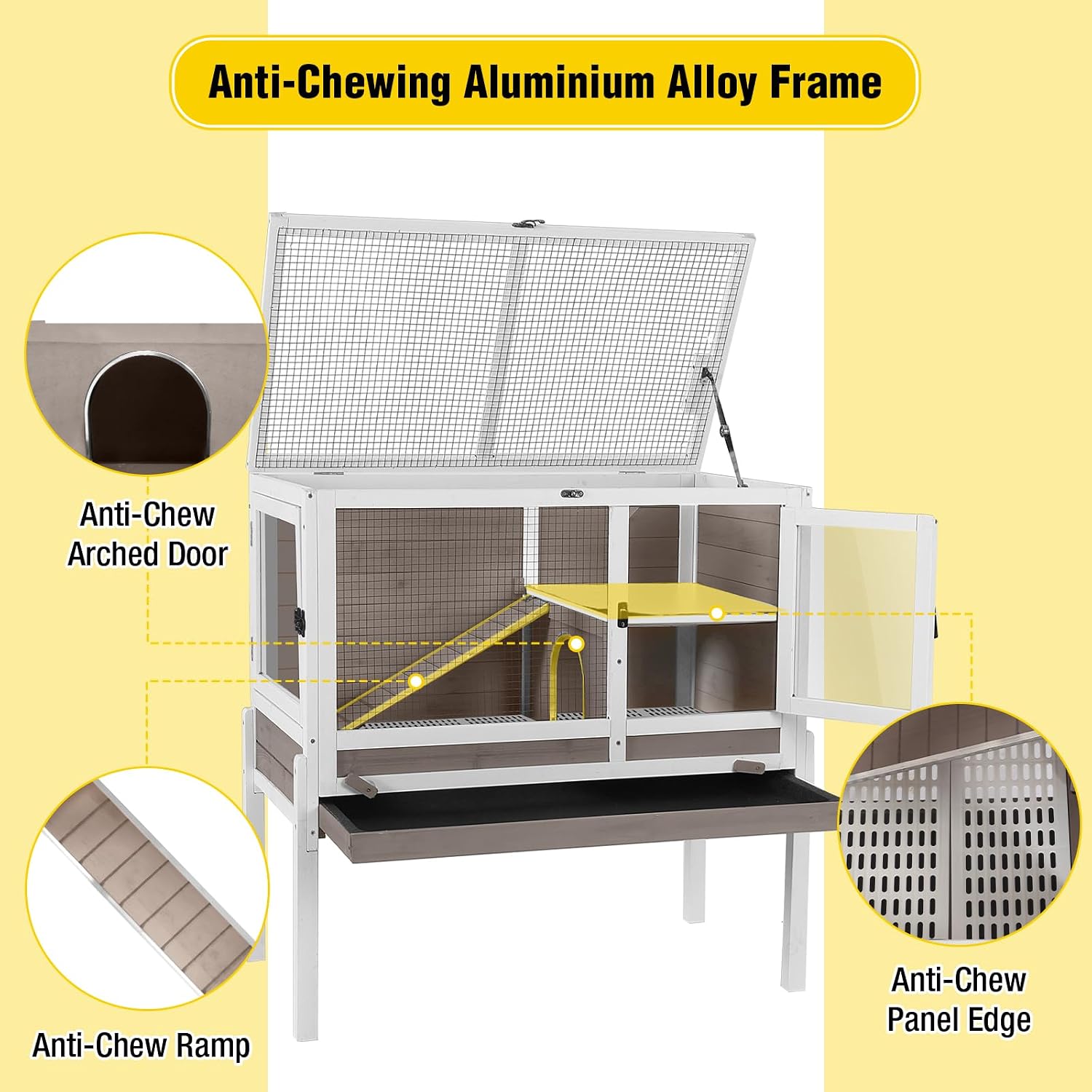 2-Story Indoor Rabbit Hutch Guinea Pig Cage with Stand, Wooden Bunny Cage Small Animal Cages with Chew-Proof Ramp