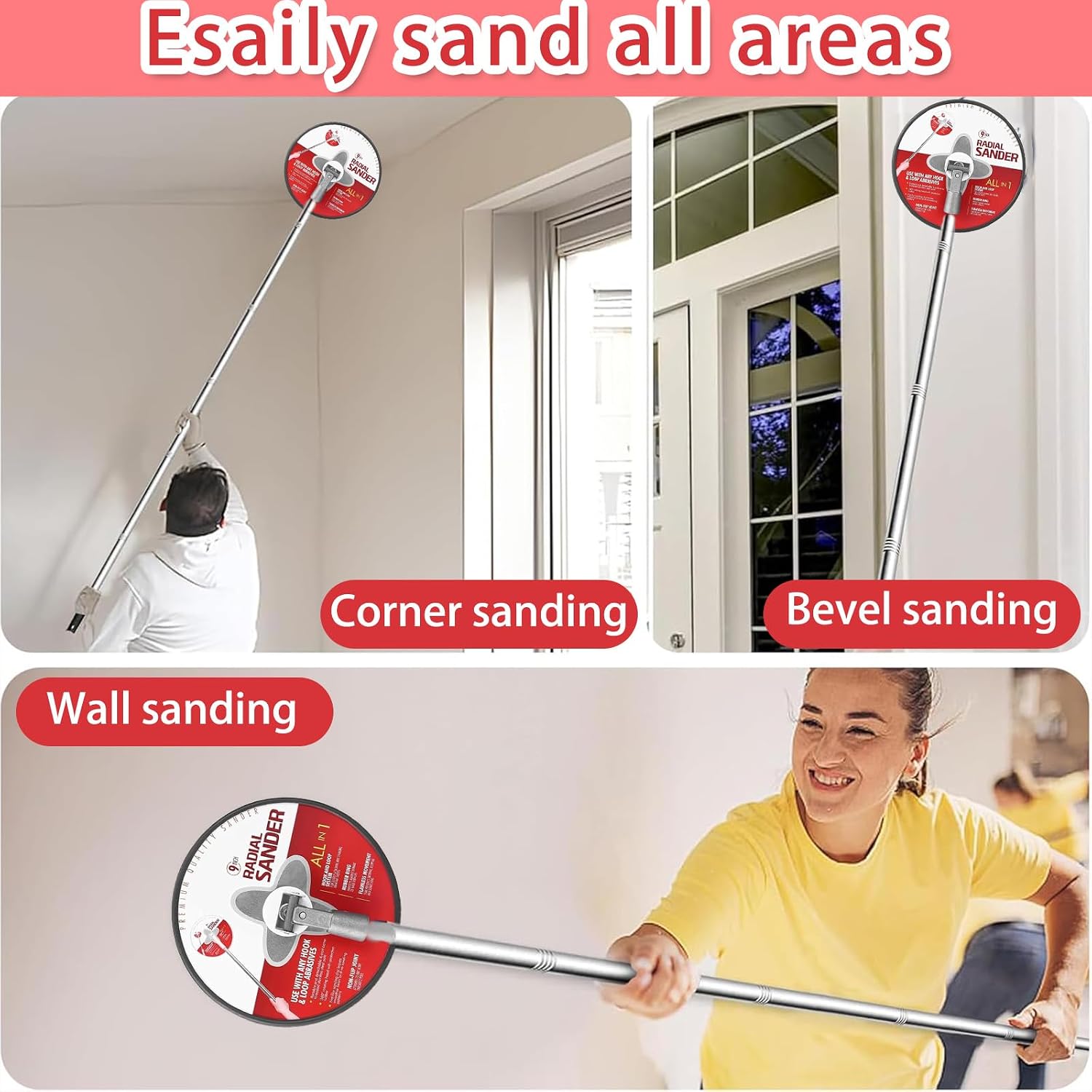 Drywall Sander Pole, 9 Inch Wall & Ceiling Pole Sander with 360° Rotating Head & 12.5-65 Inch Adjustable Extension