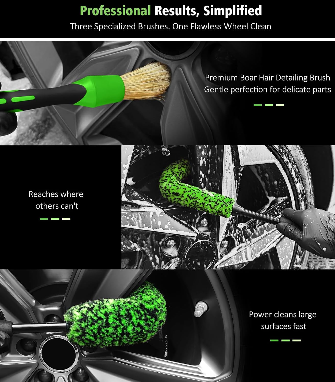 3PCS Quick Car Wheel Brush Kit, 360° Bendable Rim Cleaner, Green | 2-Size Flexible Rim Cleaning, Boars Hair Detailing