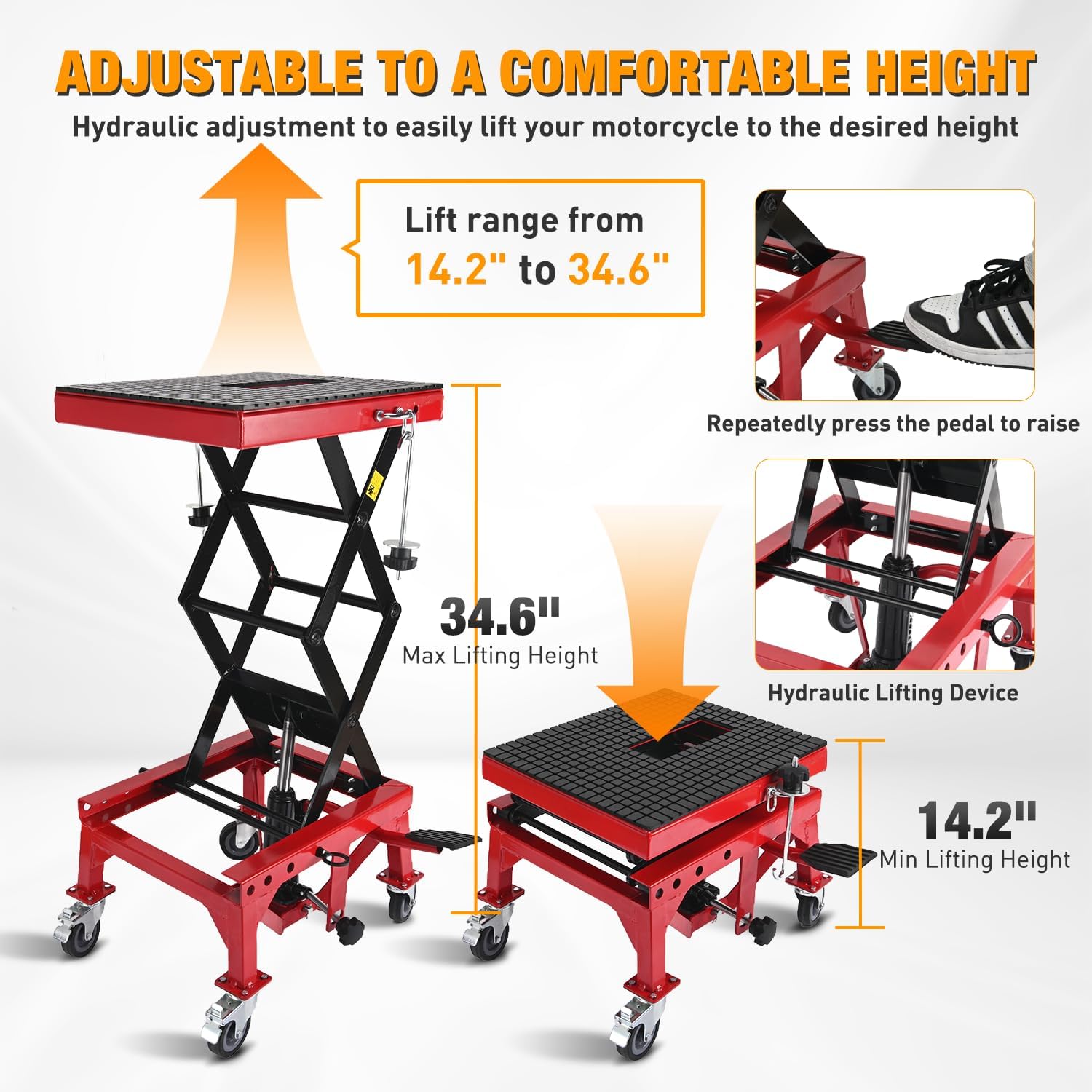 Motorcycle Lift Table Jack 300 LBS Heavy Duty Hydraulic Motorcycle Scissor Jack Lifts Table Foot Pedal with 4 Caster