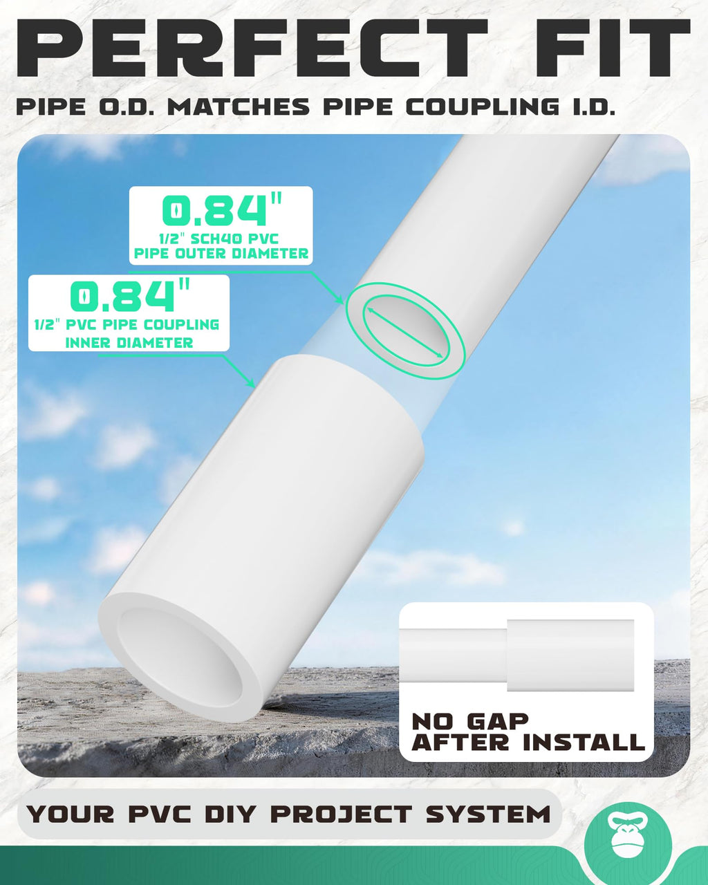 1/2 Inch PVC Coupling Fittings, Fits 0.84" OD SCH40 Pipe, 10 Pack