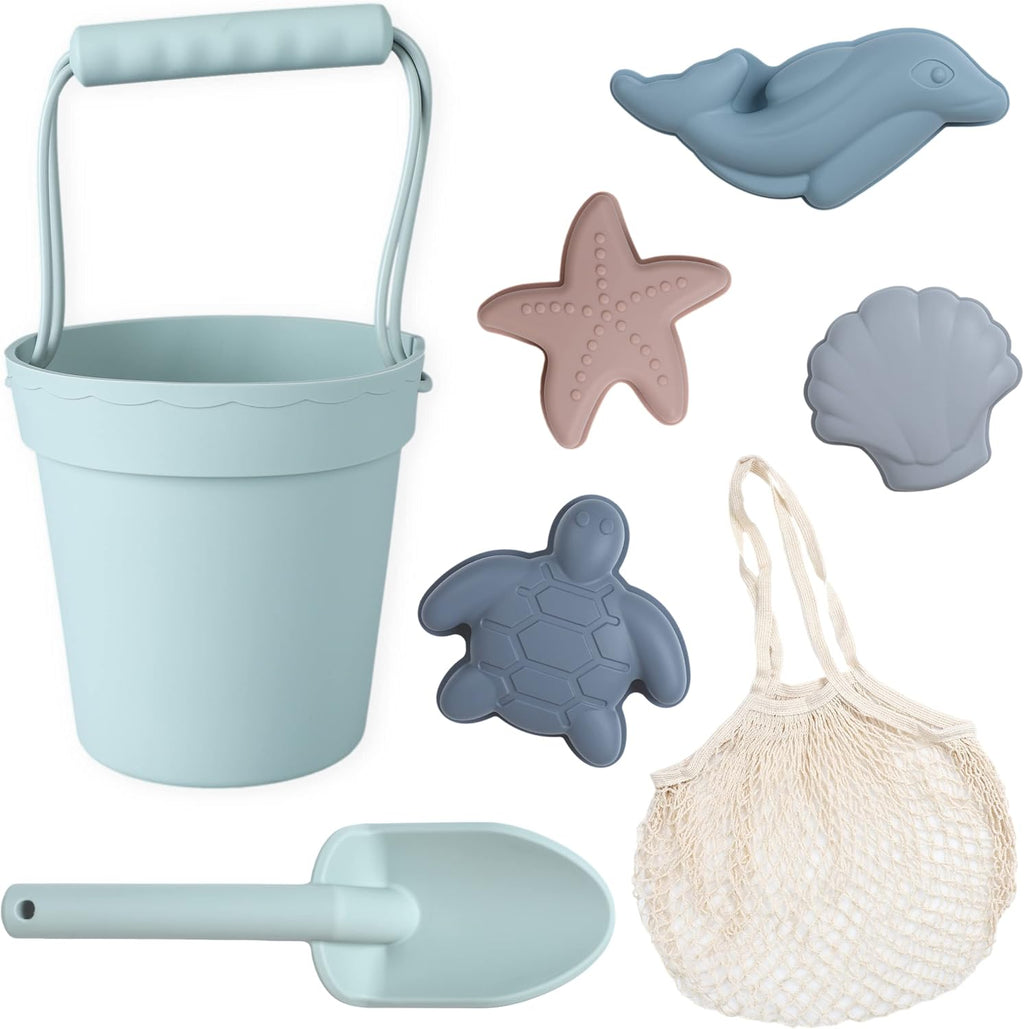 Silicone Beach Toys - Modern Baby | Travel Friendly Set Bucket, Shovel, 4 Sand Molds, Bag for Toddlers, Kids Green
