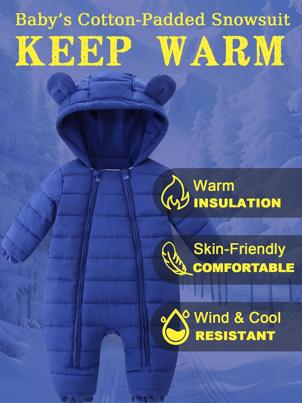 Baby Winter Snowsuit Cute Bear Ears Hooded Romper Toddler Double Zipper Warm Jumpsuit Windproof 0~24M