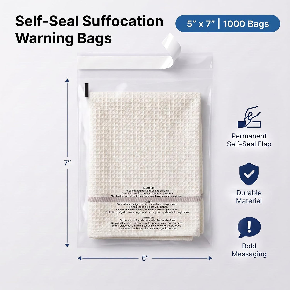 5” X 7” (1000 Count) Self Seal Clear Poly Bags with Suffocation Warning