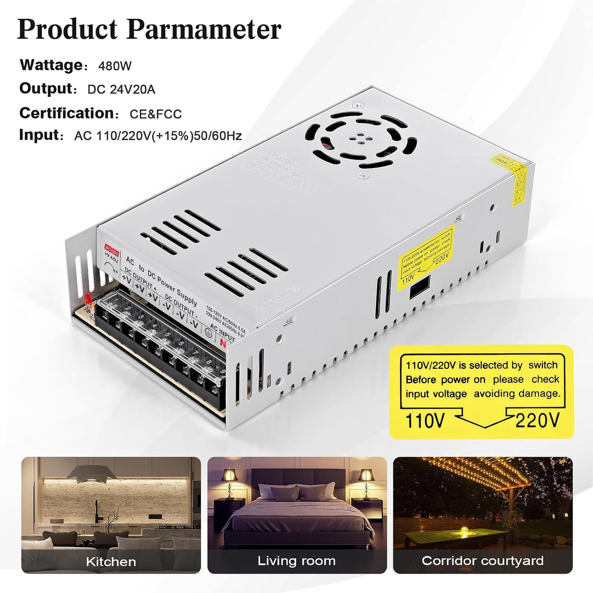 24V 20A Power Supply Adapter AC-DC Converter Regulated Transformer