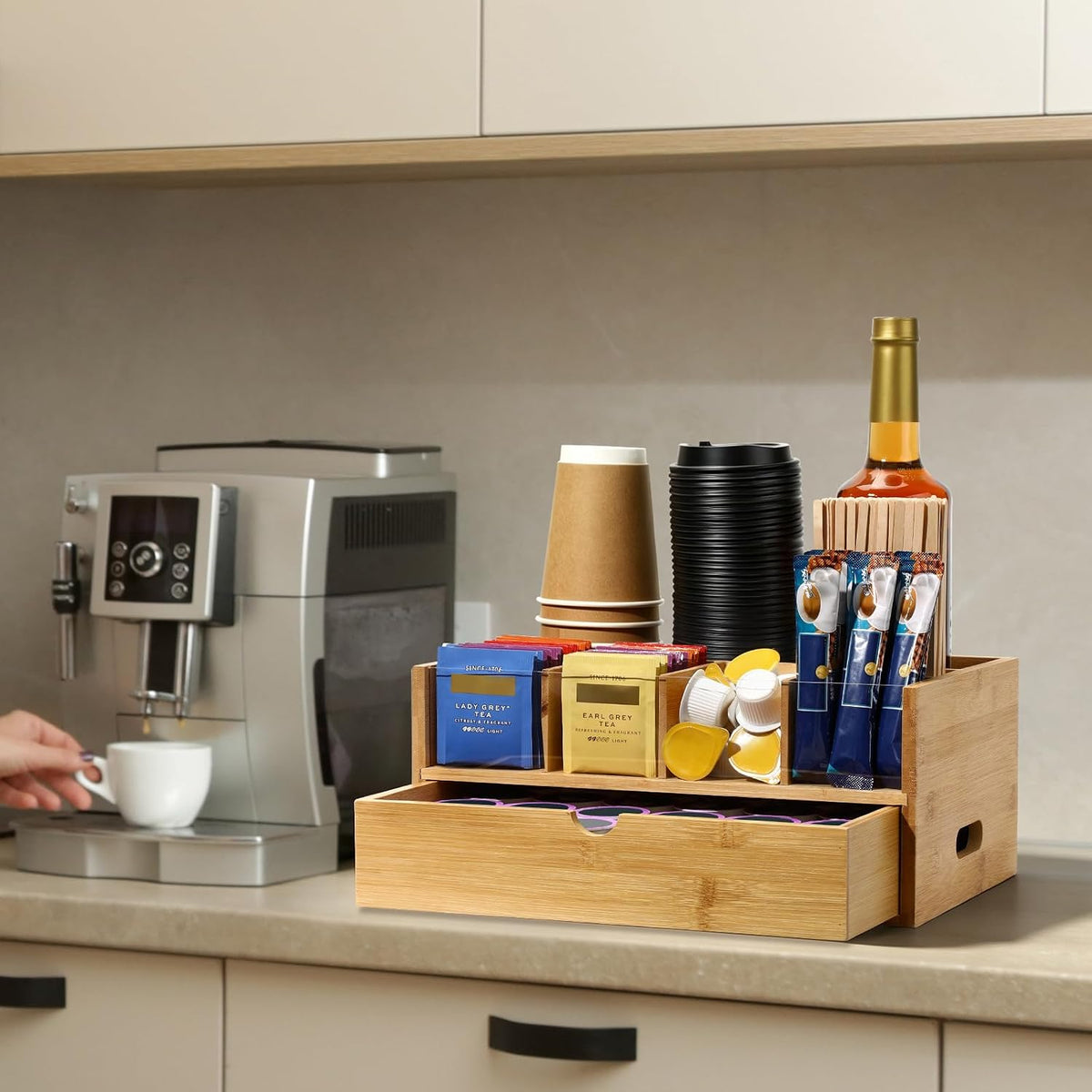 Bamboo Coffee Station Organizer with Drawer for Countertop