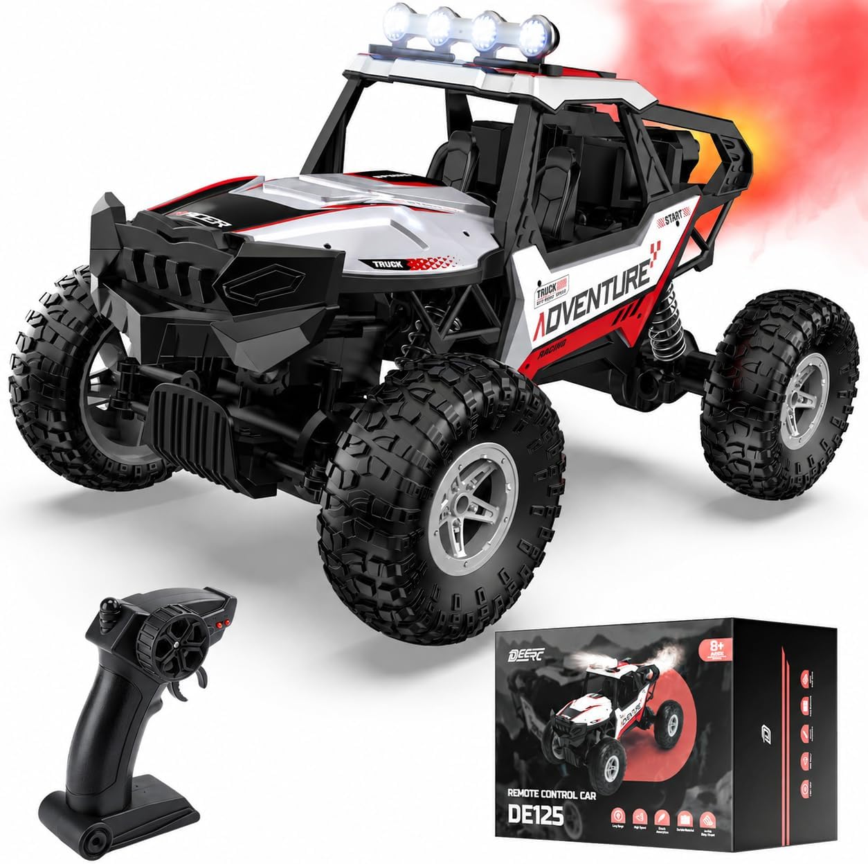 DE125 1:14 RC Car for Kids,4WD Remote Control Off-Road Monster Truck | RC Rock Crawler with Mist Spray,Metal Shell