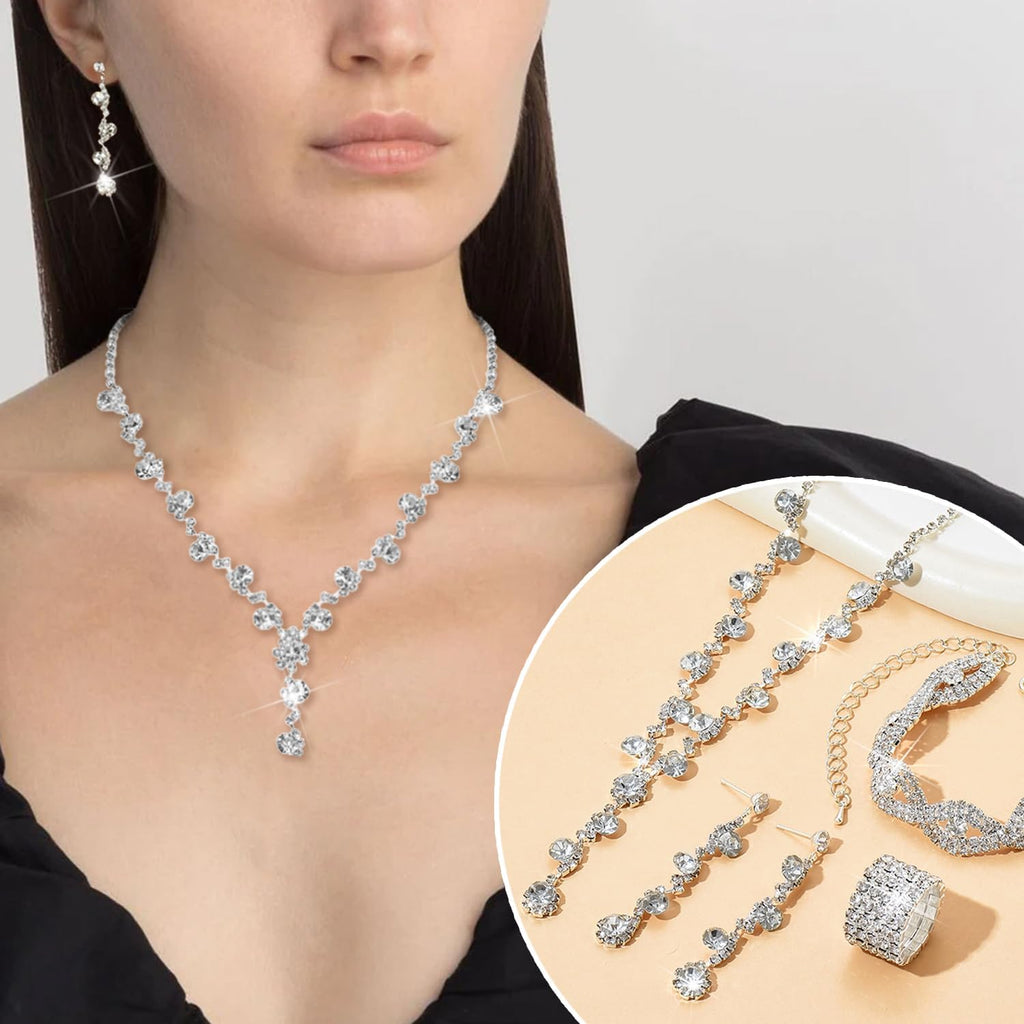 10 Pcs Silvery Rhinestone Jewelry Set for Women Bride Wedding Prom Jewelry Evening Rhinestone Sparkly Clutch Purse Bag