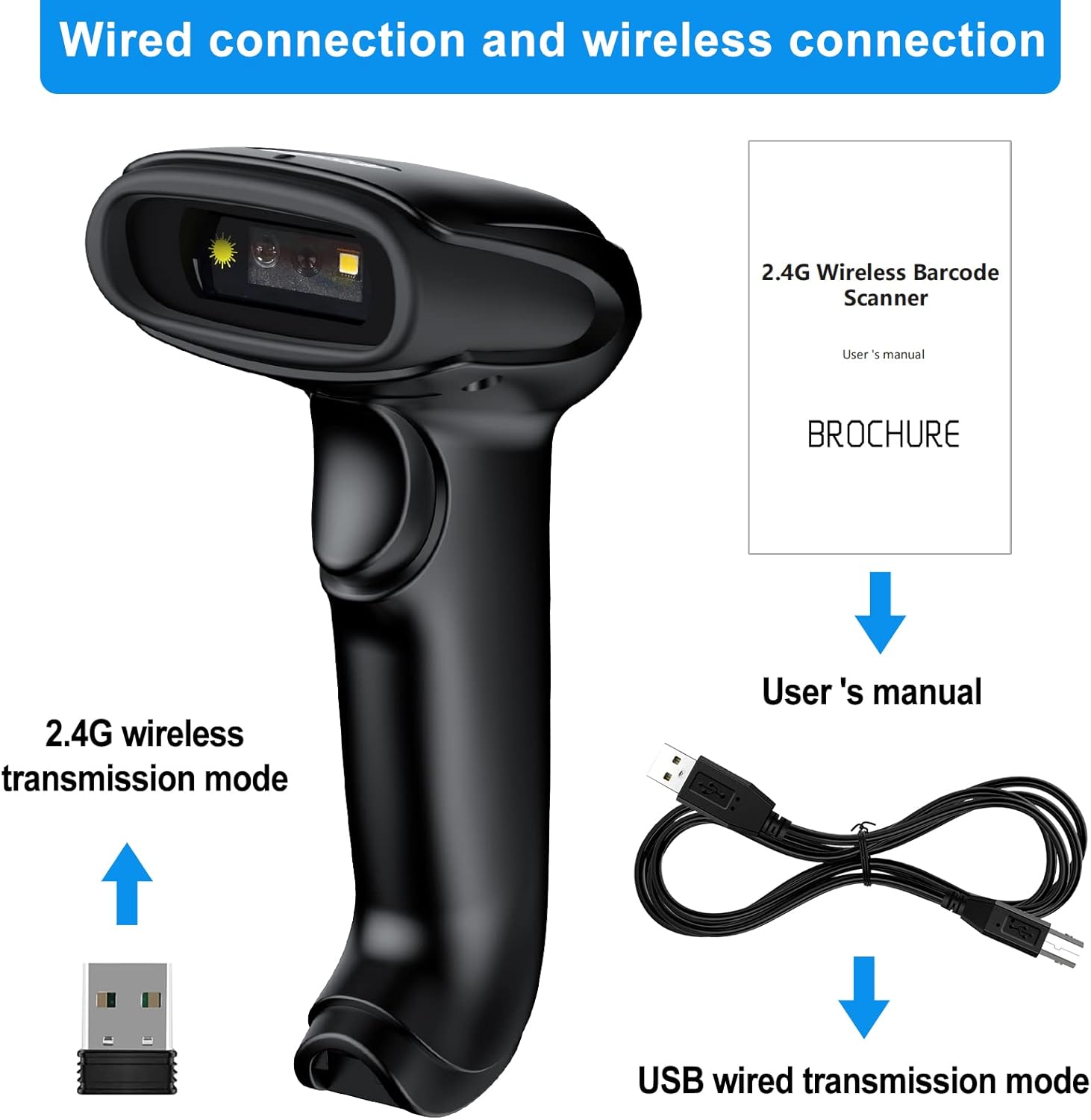 2D Wireless Barcode Scanner,Symcode Datamatrix PDF417 QR Code Handheld Reader for Screen and Printed Bar Code Scan