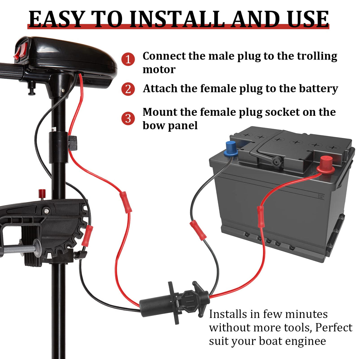 Trolling Motor Plug, Waterproof 12V-24V Quick Connect Boat Plug, 8 Gauge