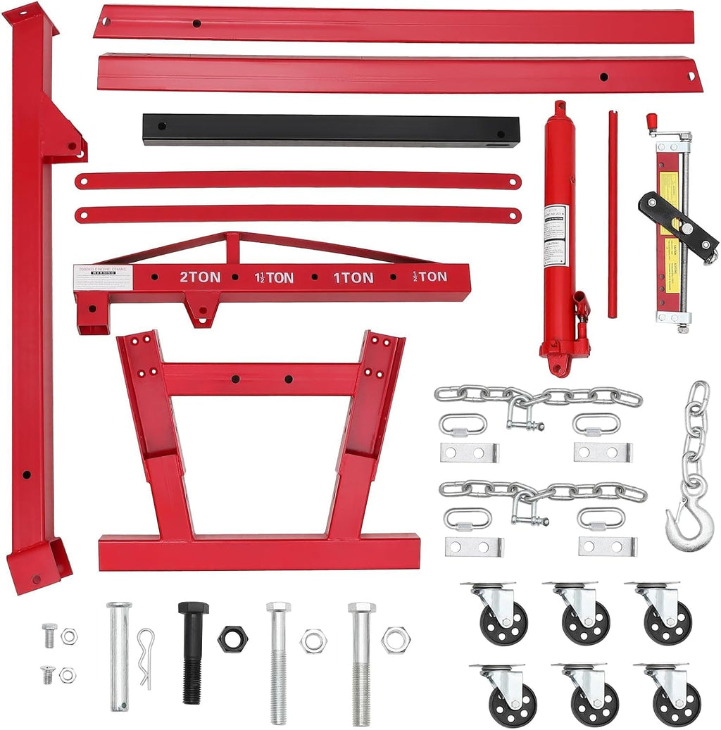 Red 2 Ton Folding Engine Hoist, 4400 Lbs Heavy Duty Cherry Picker with Leveler, Shop Crane with 6 Swivel Casters
