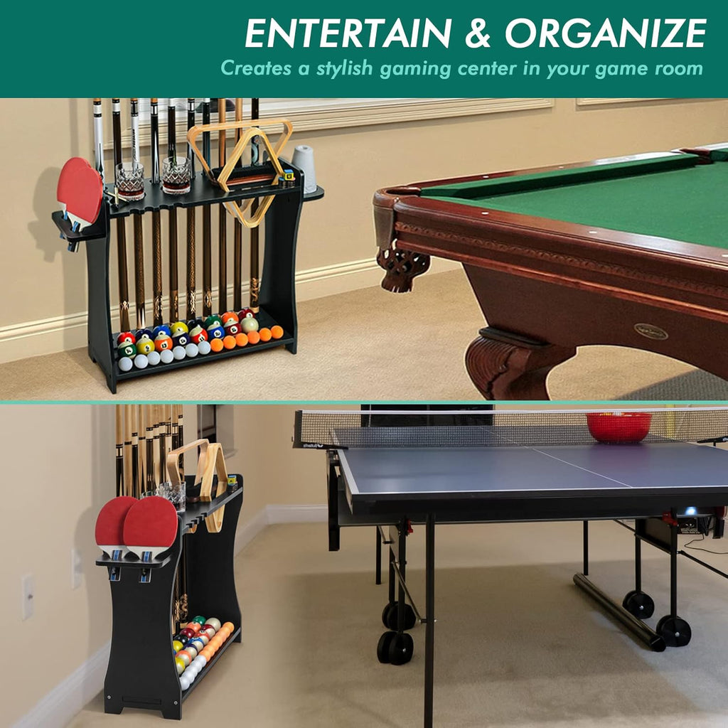 Pool Cue Rack Holder, 10 Cue Stick Stand with Billiard Accessories Storage | Multi-Functional Pool Stick & Billiard