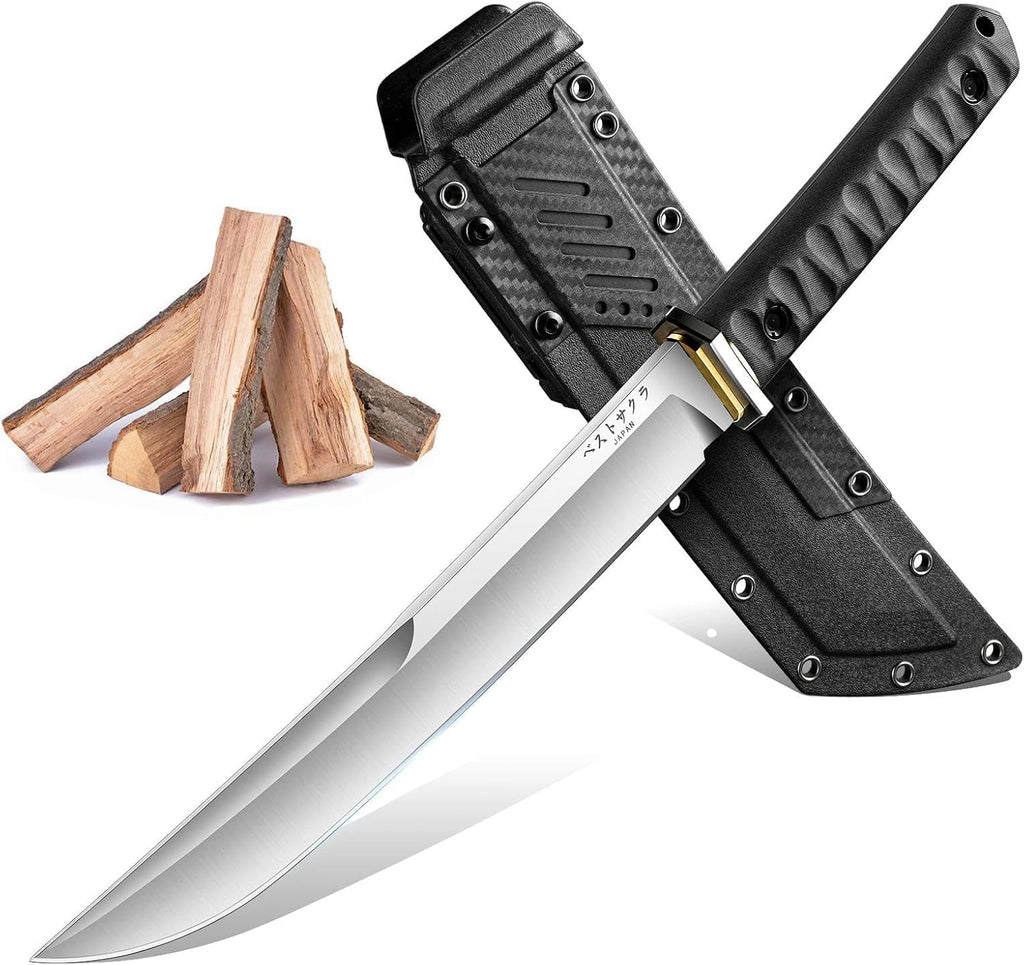 Japanese Fixed Blade Knife with Sheath, Heavy Duty Machete Knife | D2 Steel Survival Knife with 6mm Thick Spine for