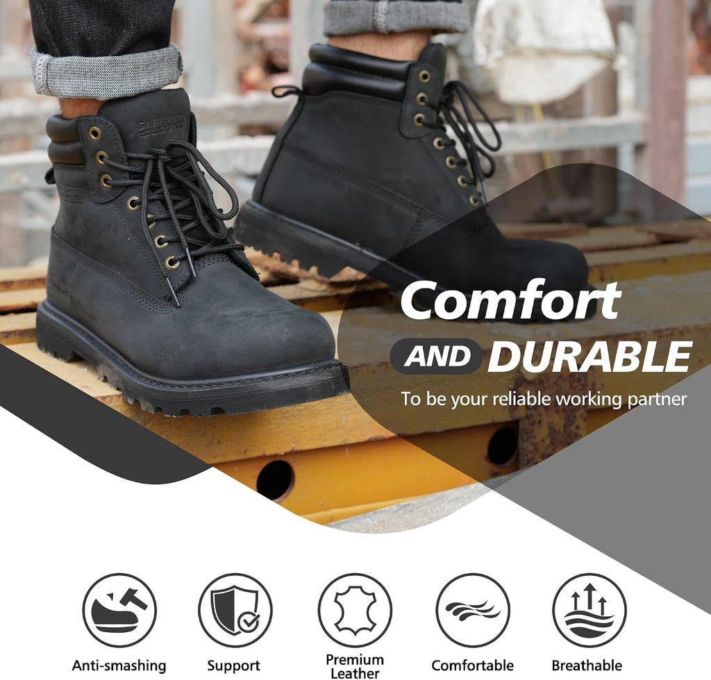 Steel Toe Work Boots for Men, 6-Inch Non Slip Comfortable Leather Waterproof Industrial Construction Safety Workboots