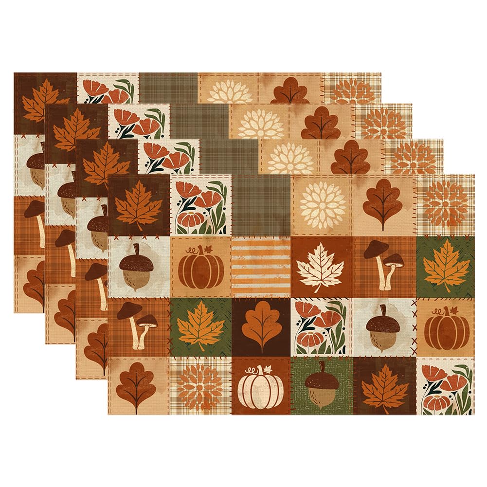 Plaid Pumpkin Maple Leaves Fall Placemats Set of 4
