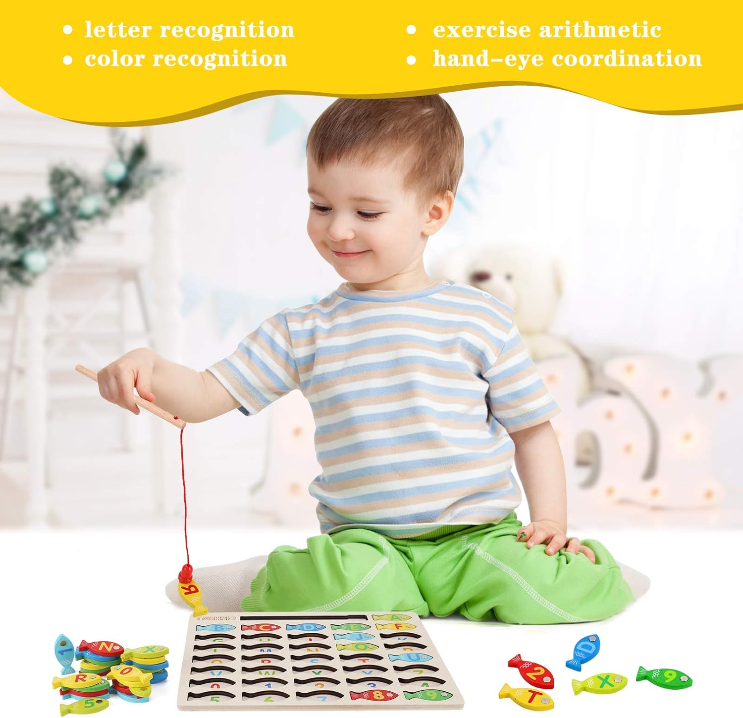 Magnetic Wooden Fishing Game Toy for Preschoolers, Alphabet Fish Catching Counting Games Puzzle with Numbers and