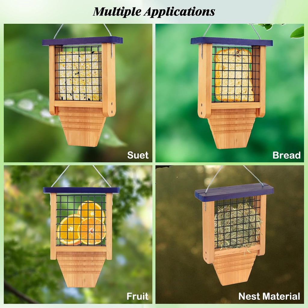 Wooden Suet Feeder with Tail Prop for Outside Hanging, Blue Roof
