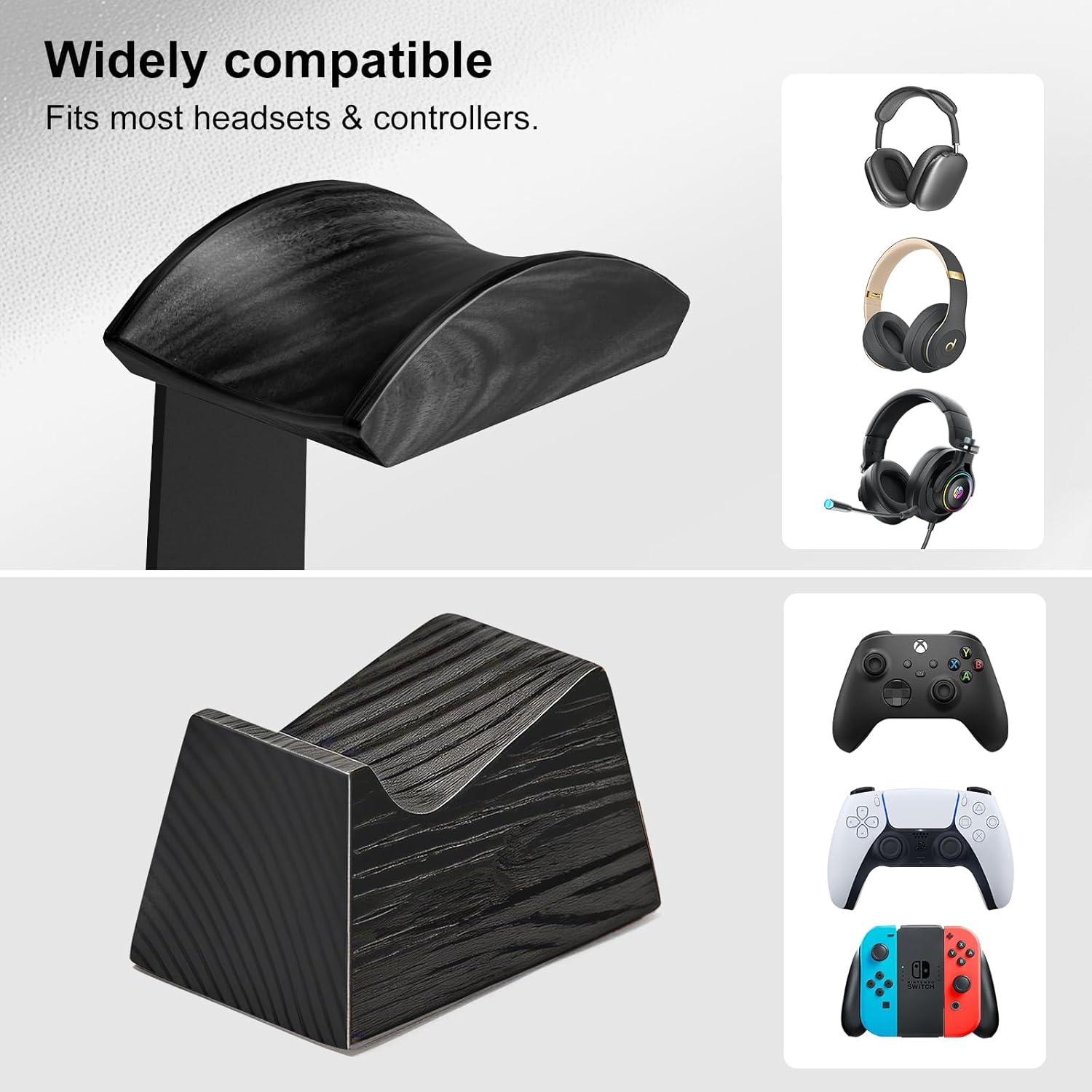 Solid Wood Headphone Stand with Controller Holder for Desk | Natural Solid Wood, Holds 1 Headset & 1 Controller