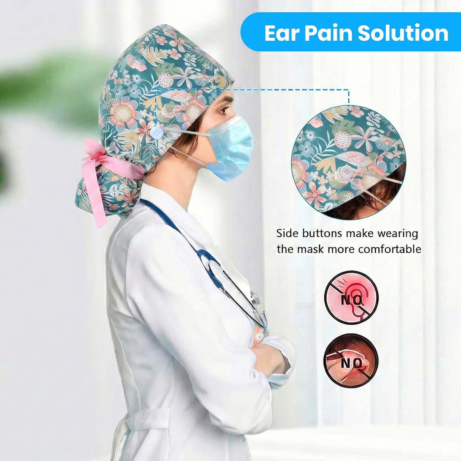 2 Pcs Ponytail Scrub Caps Women Long Hair Nurse Scrub Hats with Scrunchies Ribbon Lace-Up Scrub Cap for Women