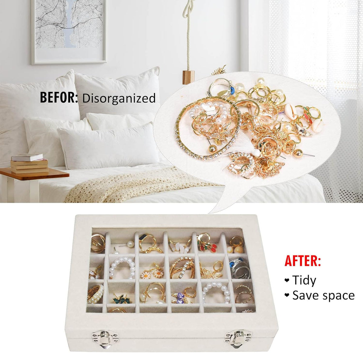 Velvet Jewelry Box 24 Grid Jewelry Ring Display Organizer Box Tray | Holder Earrings Storage Case for Girls Wife Mom