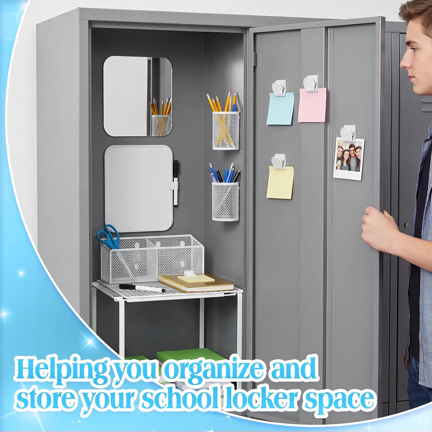 Adjustable Locker Shelf Organizer Set with Magnetic Accessories, Locker Shelf Adjustable 10.6–15 Inch with Magnetic