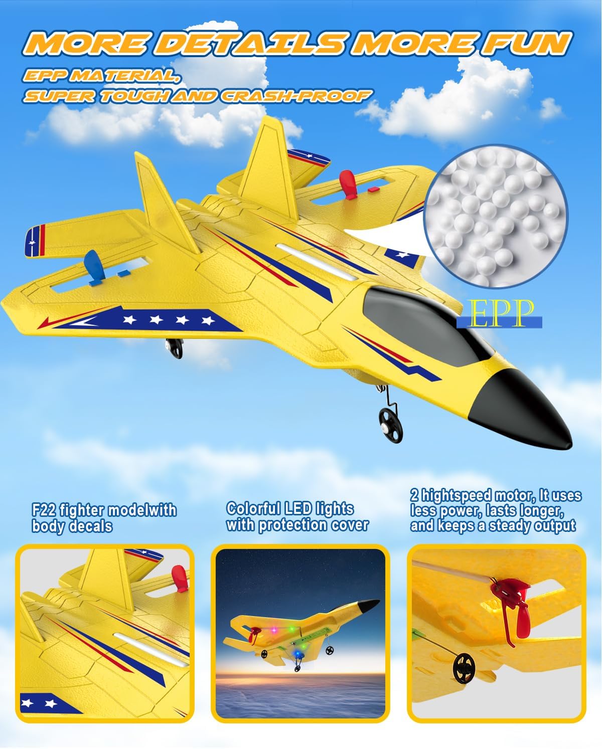F22 RC Plane Easy to Fly Foam Jet Toy Gift for Kids Beginner, Yellow | 2.4GHz, 2CH, Gyro Stabilizer, LED Light, 2