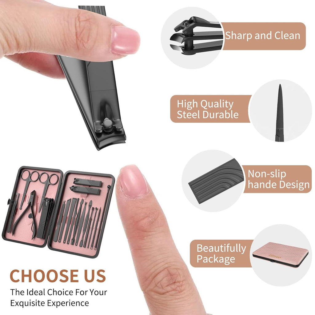 Nail Clippers Manicure Pedicure Set 18 in 1 Nail Grooming Kit with Leather Travel Case(Black/Pink)