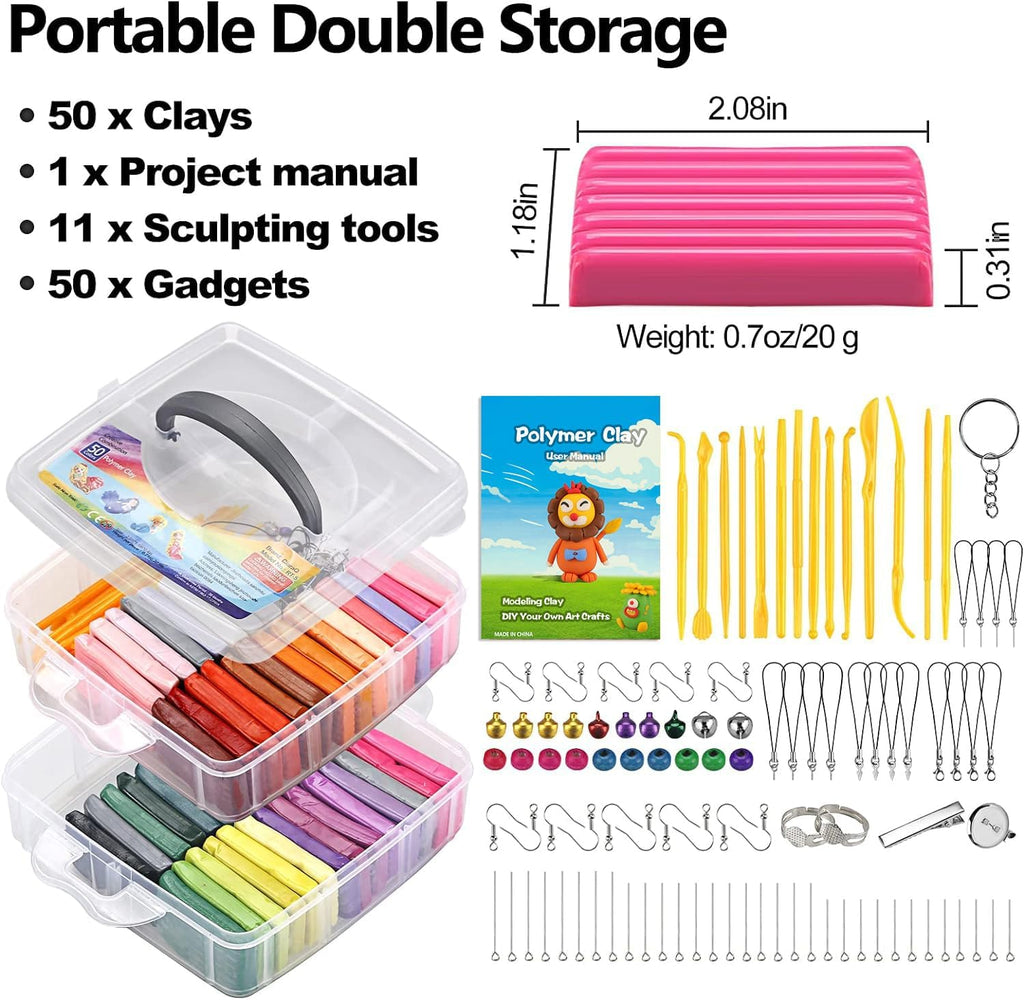 50-Color Polymer Clay Oven Bake Modeling Kit | 14 sculpting tools, 2‑layer box, accessory pack, guide. Great for