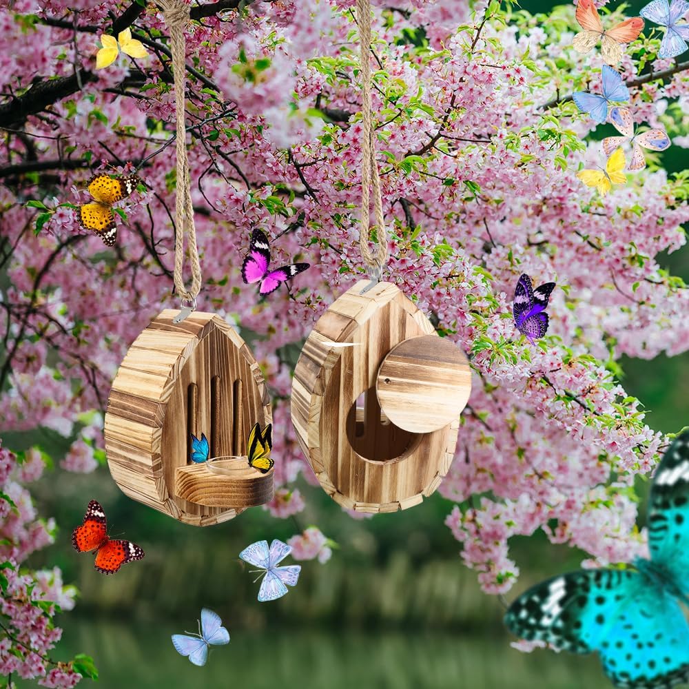 Butterfly House Wooden Habitat Natural Nesting Box Garden House with Feeder Hanging for Bee Butterfly Ladybirds for