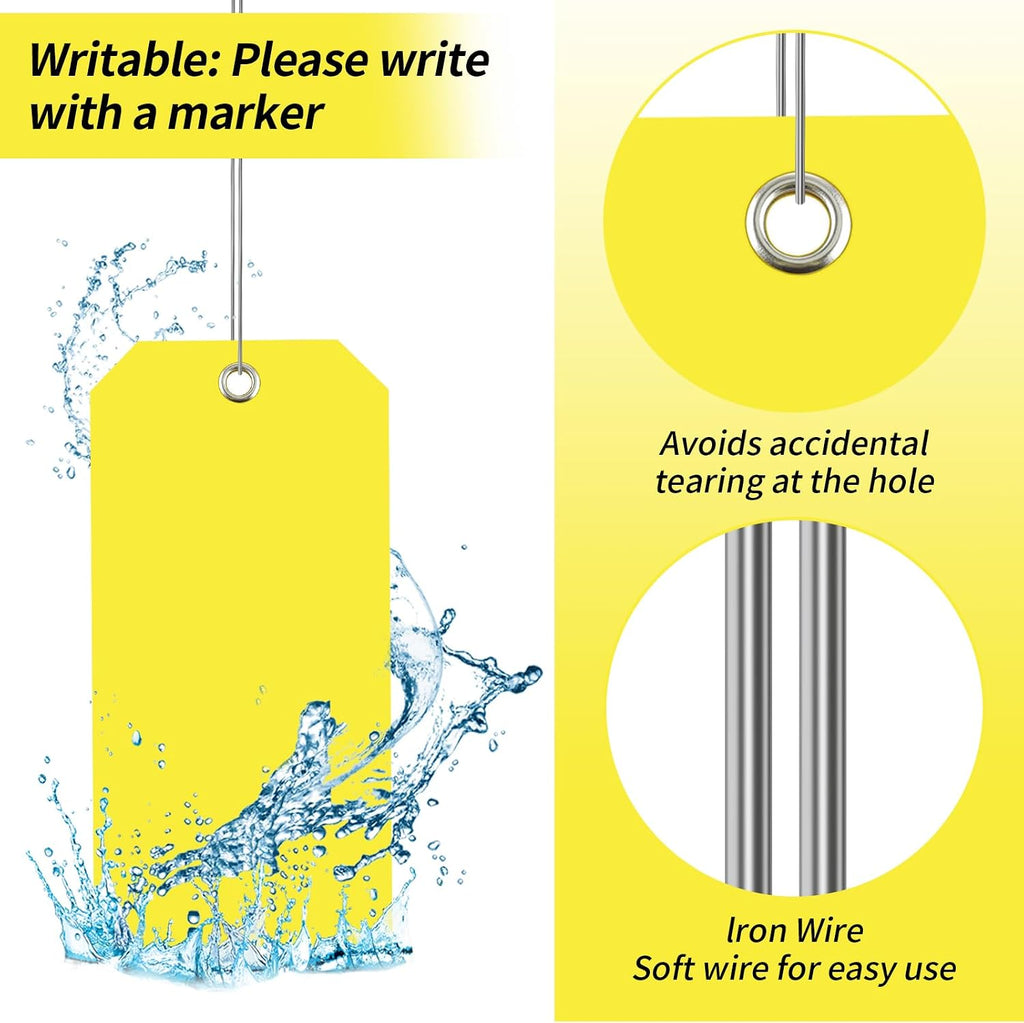 100 Large Yellow Plastic Shipping Tags - 3x6 inch, Heavy Duty, Waterproof, Writable, With String Attached