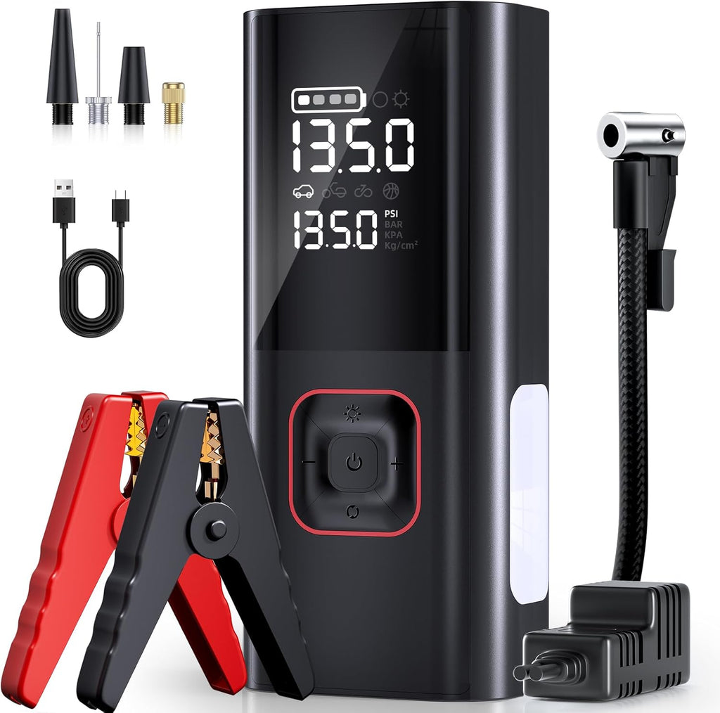 Jump Starter with Air Compressor, 5000A Battery Jumper Starter Portable (9L Gas/8L Diesel) with 160PSI Auto-Shutoff