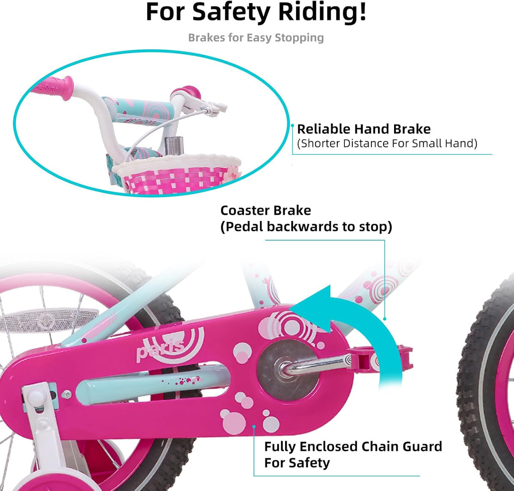 Paris Girls Bike with Training Wheels for Ages 3-10Y | 14-20 Inch Kids Bike with Training Wheels Basket & Handbrake