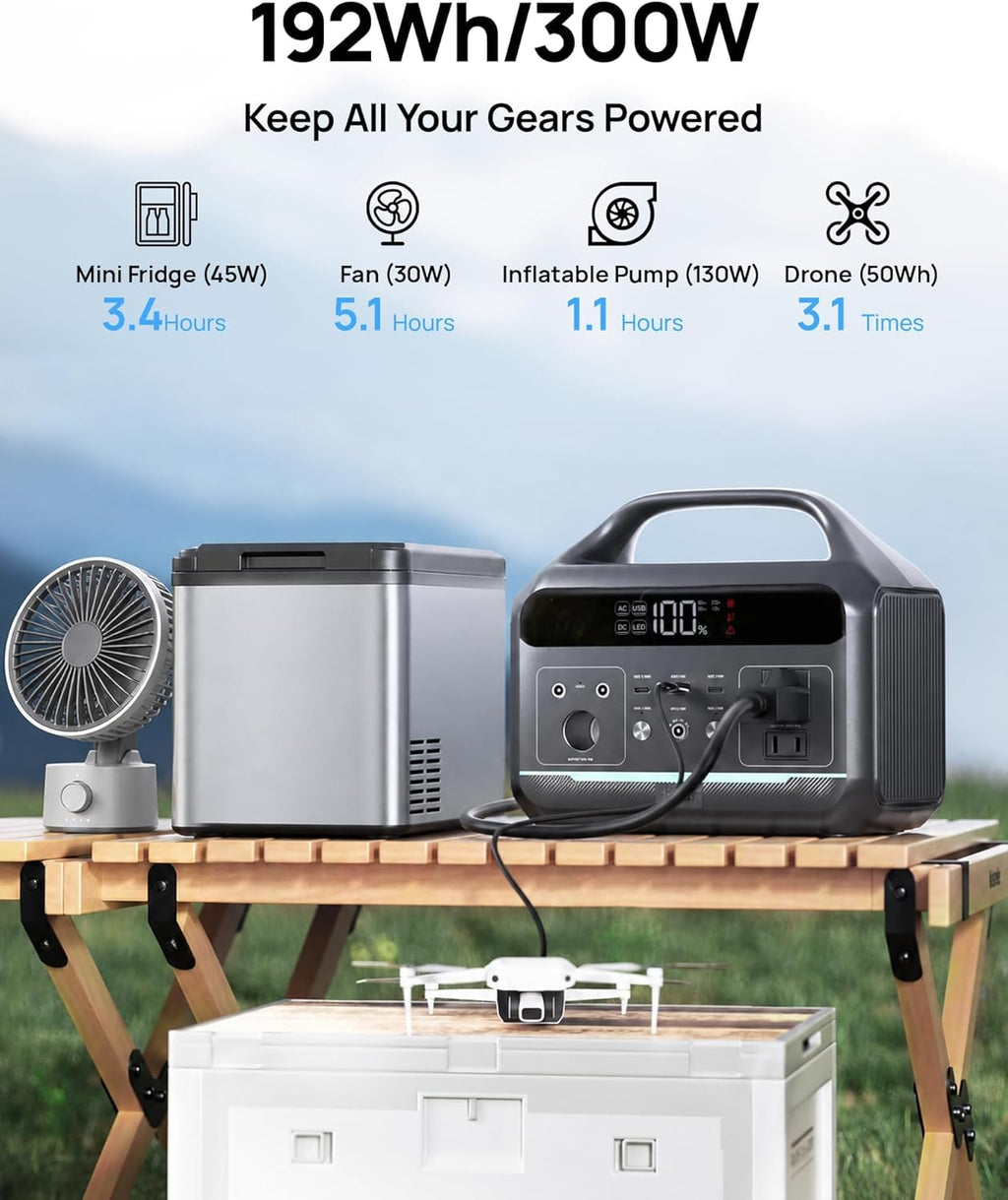 Portable Power Station 300W, 192Wh Large Power Bank with 110V AC Outlet, LiFePO4 Battery Backup,8-Ports Solar