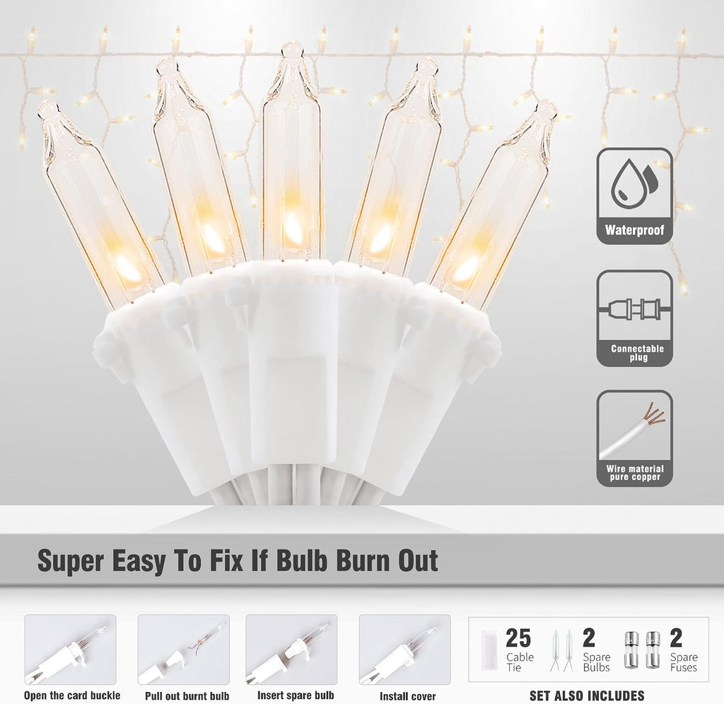 Icicle Lights Outdoor, 23FT 200 Connectable Icicle Christmas Lights | Warm White Plug in Curtain String Lights for