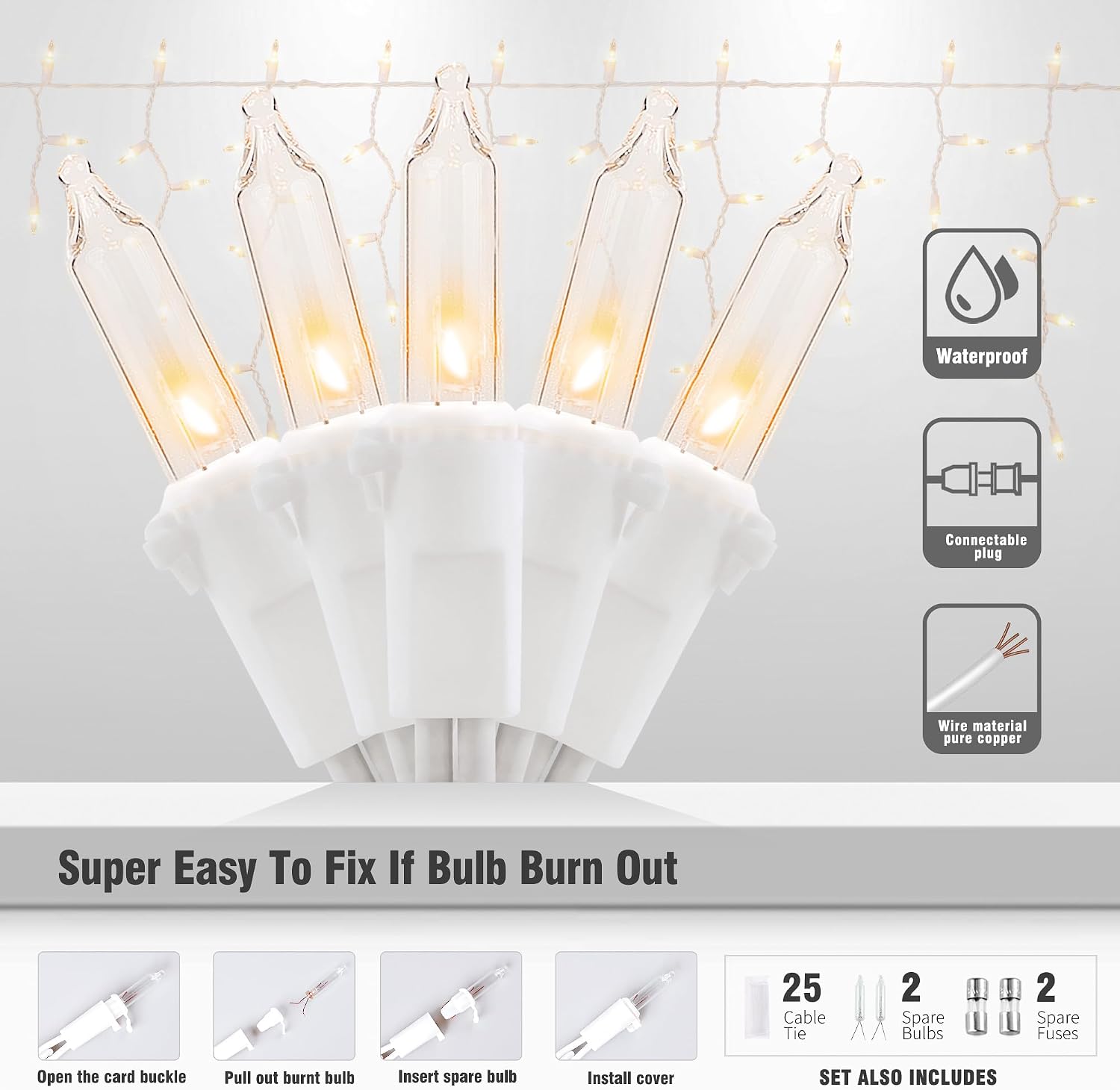 Icicle Lights Outdoor, 23FT 200 Connectable Icicle Christmas Lights | Warm White Plug in Curtain String Lights for