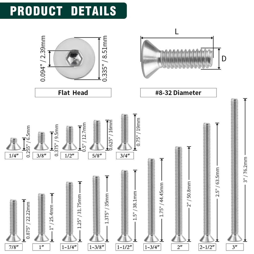 #8-32 x 3/4" Flat Countersunk Head Socket Cap Screws, 304 Stainless Steel 18-8 SS, Full Machine Thread Coverage, Allen Hex Drive, 50 PCS
