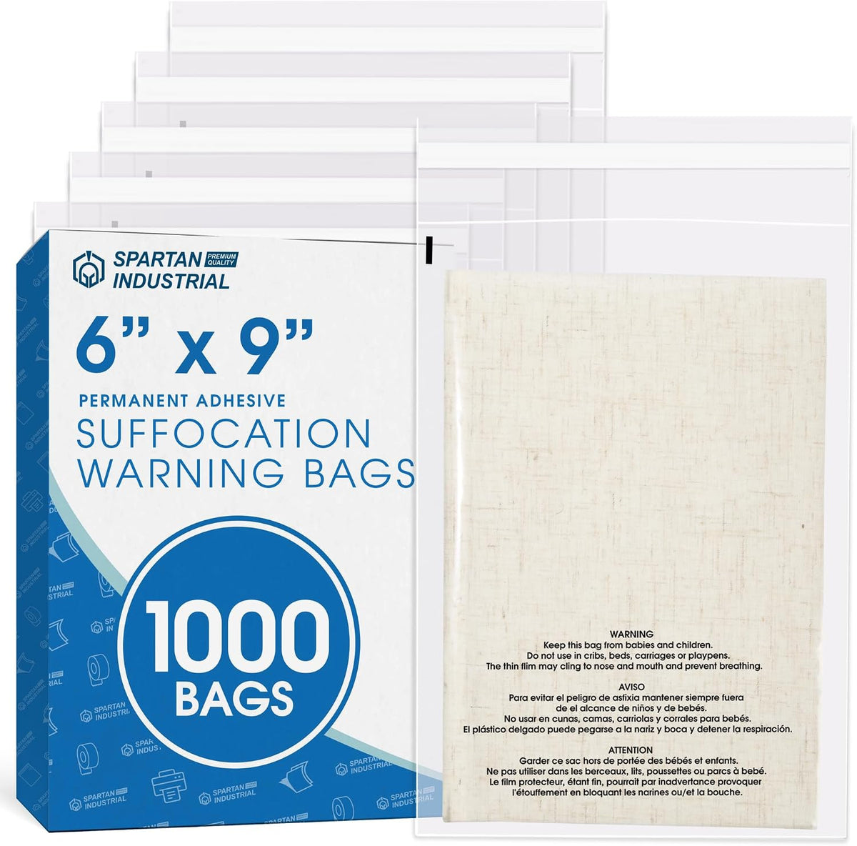 6" X 9" (1000 Count) Self Seal Clear Poly Bags with Suffocation Warning