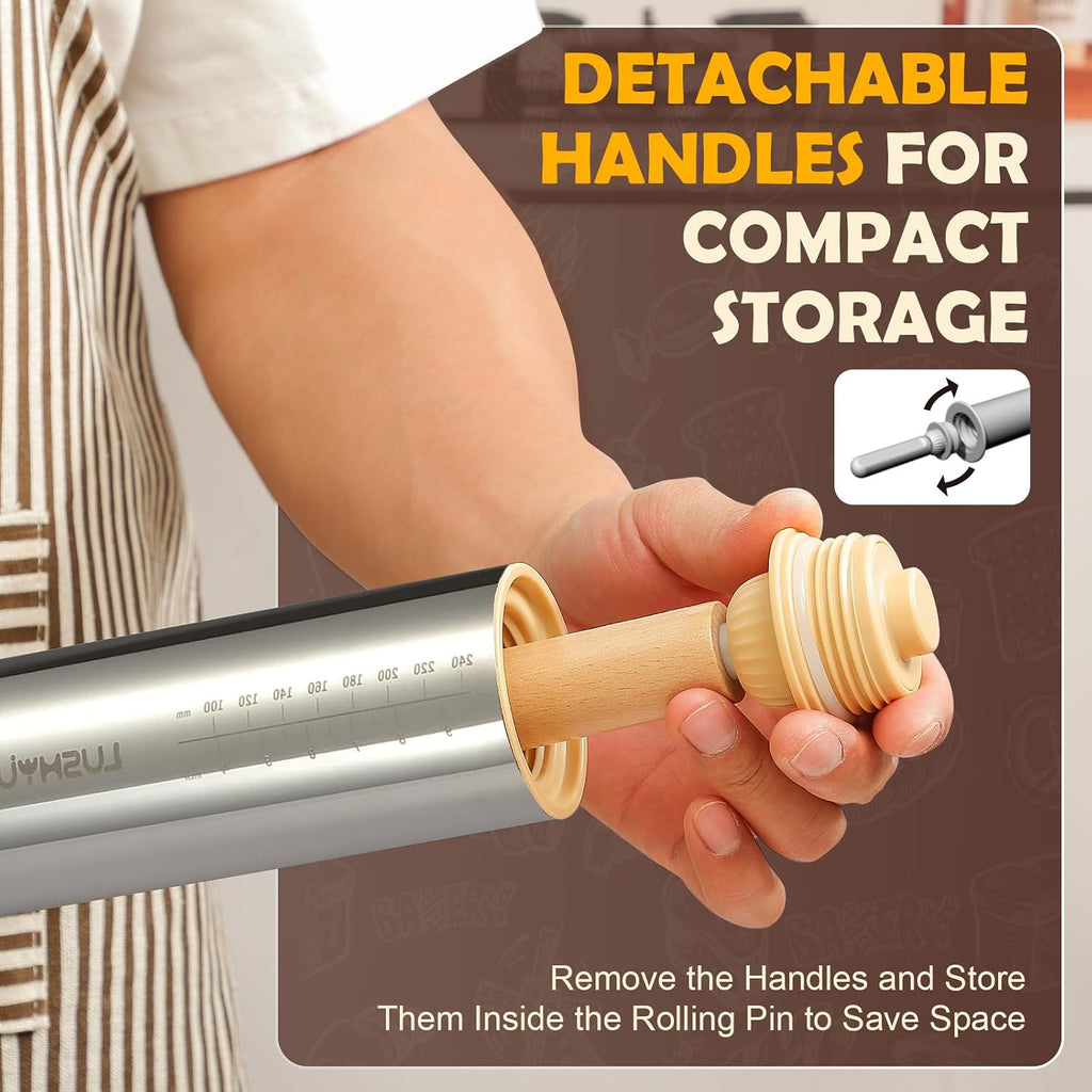 304 Stainless Steel Adjustable Rolling Pin with Thickness Rings