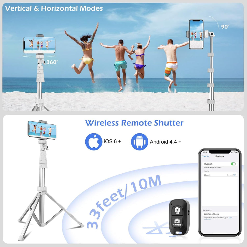 67" Phone Tripod & Selfie Stick, Extendable iPhone Tripod Stand with Wireless Remote and Phone Holder, Compatible
