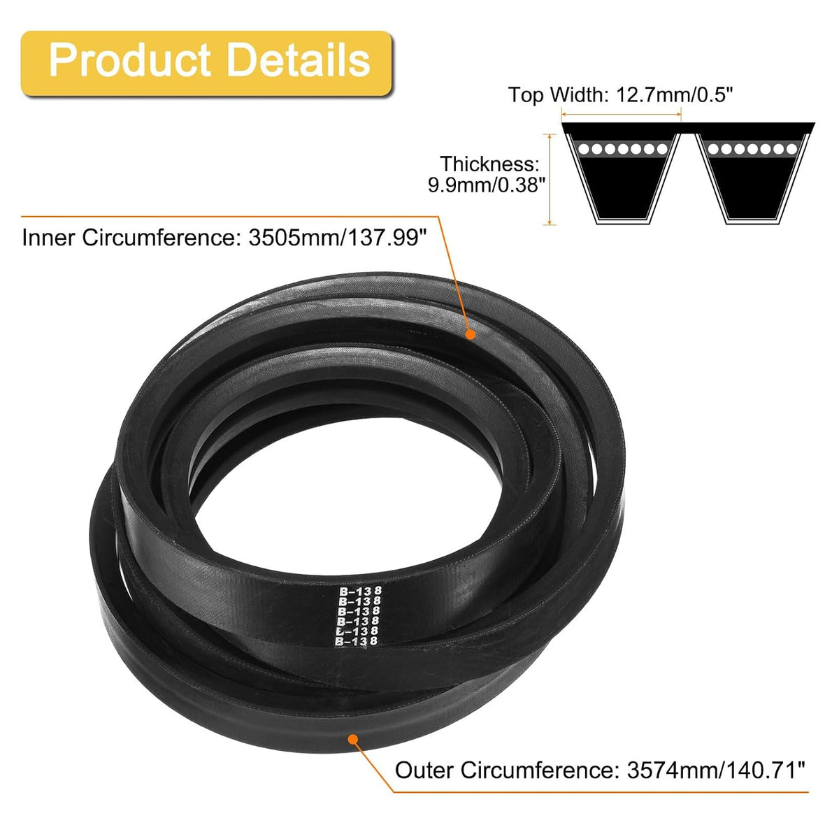 uxcell 2/B138 Classic Wrapped 2 Banded 141" Outer Circ B Profile V-Belt
