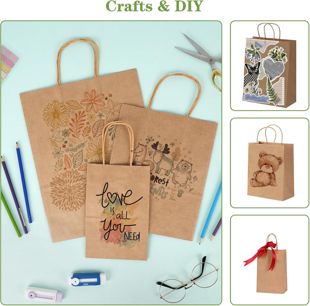 120pcs Paper Bags with Handles Assorted Sizes Kraft Brown Bags
